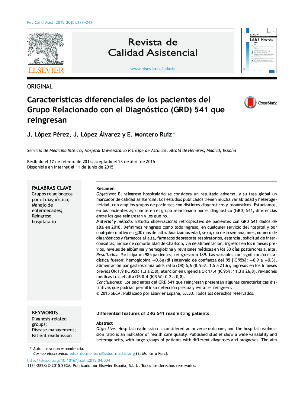 CaracterÃ­sticas diferenciales de los pacientes del Grupo Relacionado con el Diagnóstico (GRD) 541 que reingresan