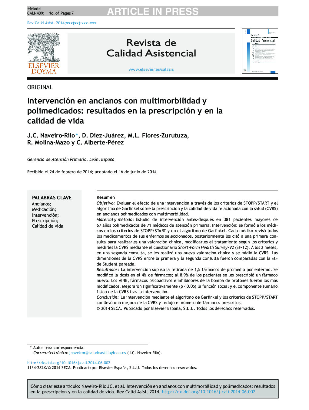 Intervención en ancianos con multimorbilidad y polimedicados: resultados en la prescripción y en la calidad de vida