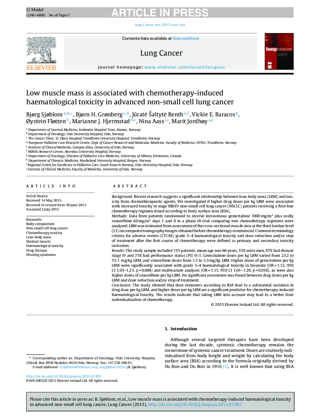 Low muscle mass is associated with chemotherapy-induced haematological toxicity in advanced non-small cell lung cancer