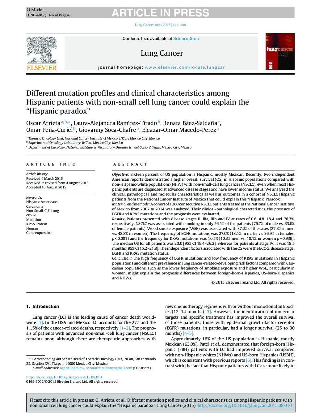 Different mutation profiles and clinical characteristics among Hispanic patients with non-small cell lung cancer could explain the “Hispanic paradox”