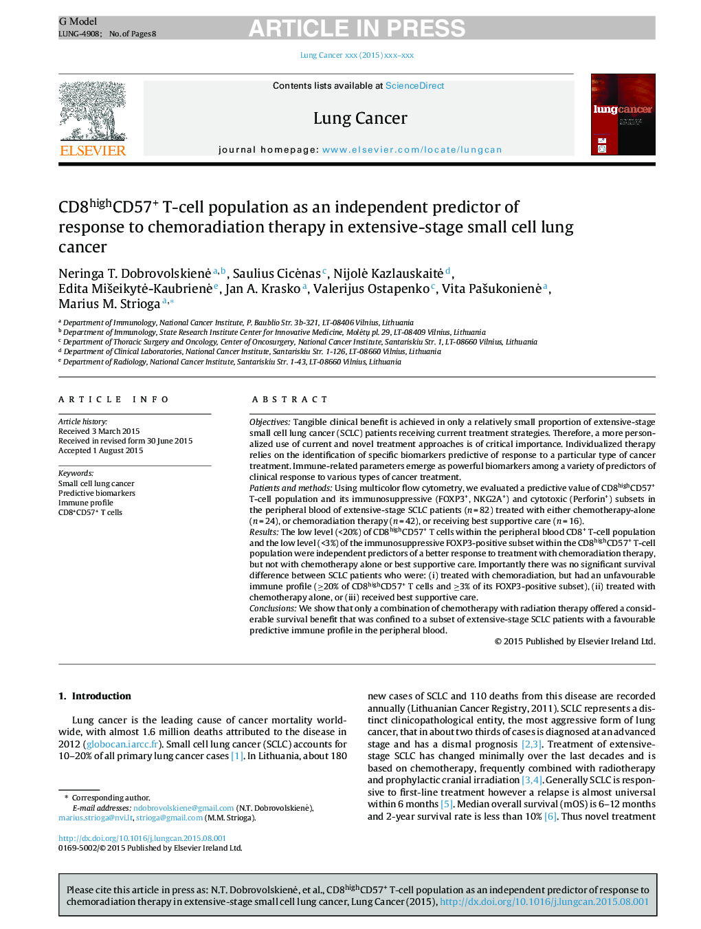 CD8highCD57+ T-cell population as an independent predictor of response to chemoradiation therapy in extensive-stage small cell lung cancer