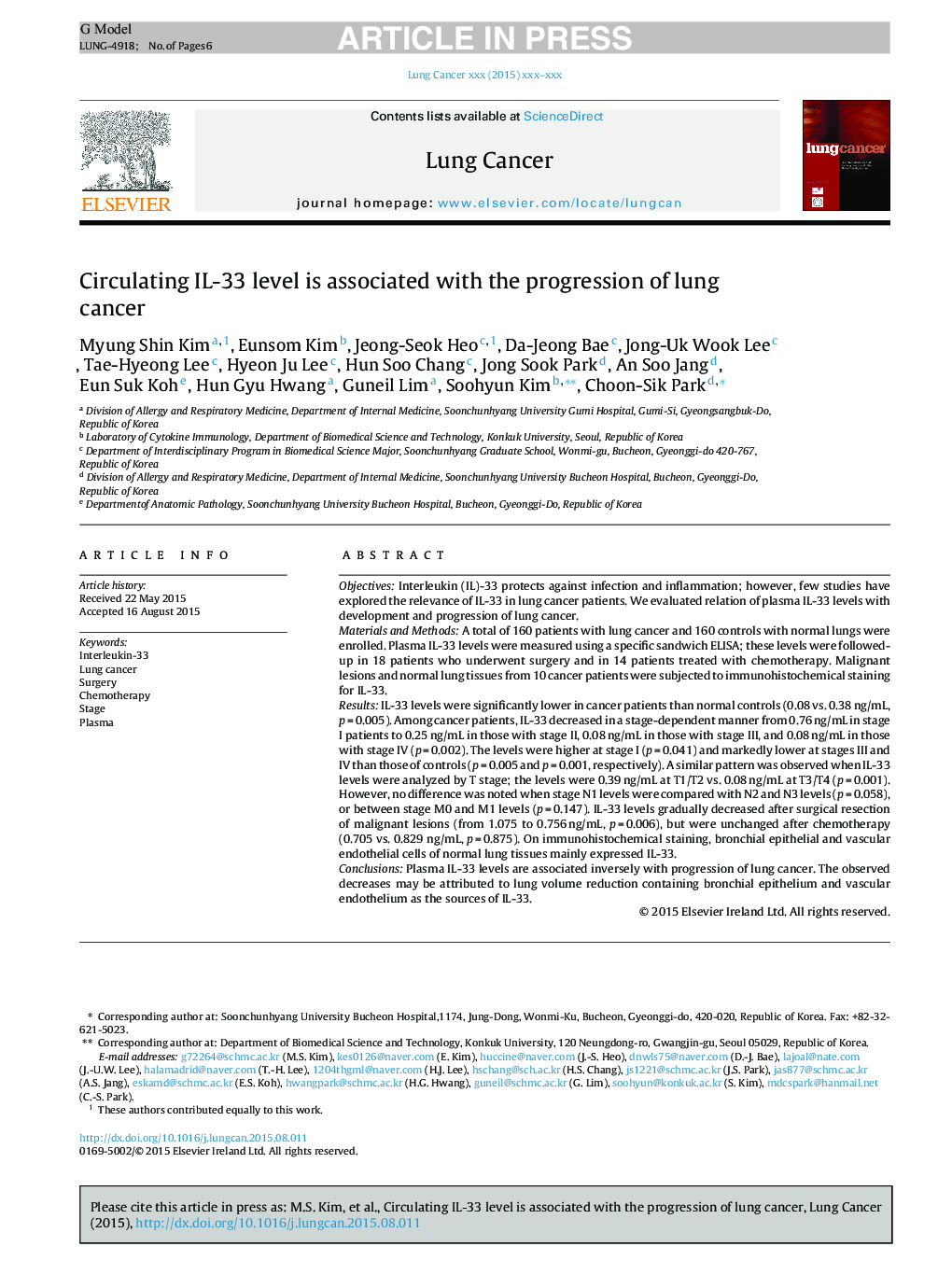 Circulating IL-33 level is associated with the progression of lung cancer