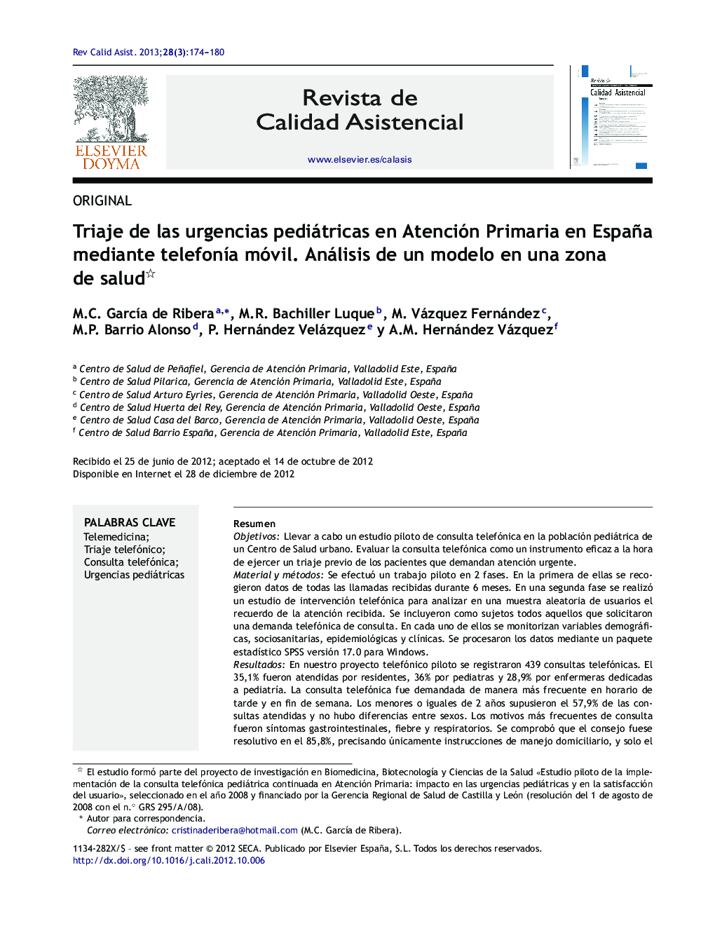 Triaje de las urgencias pediátricas en Atención Primaria en España mediante telefonÃ­a móvil. Análisis de un modelo en una zona de salud