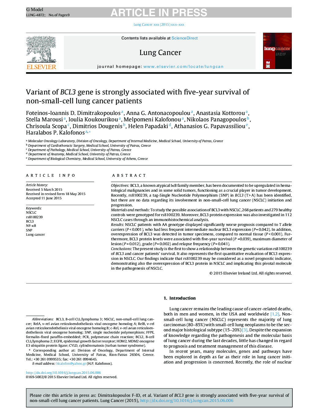 Variant of BCL3 gene is strongly associated with five-year survival of non-small-cell lung cancer patients