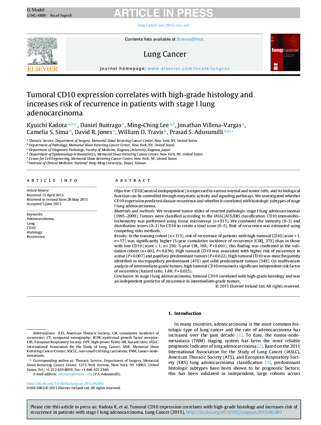 Tumoral CD10 expression correlates with high-grade histology and increases risk of recurrence in patients with stage I lung adenocarcinoma