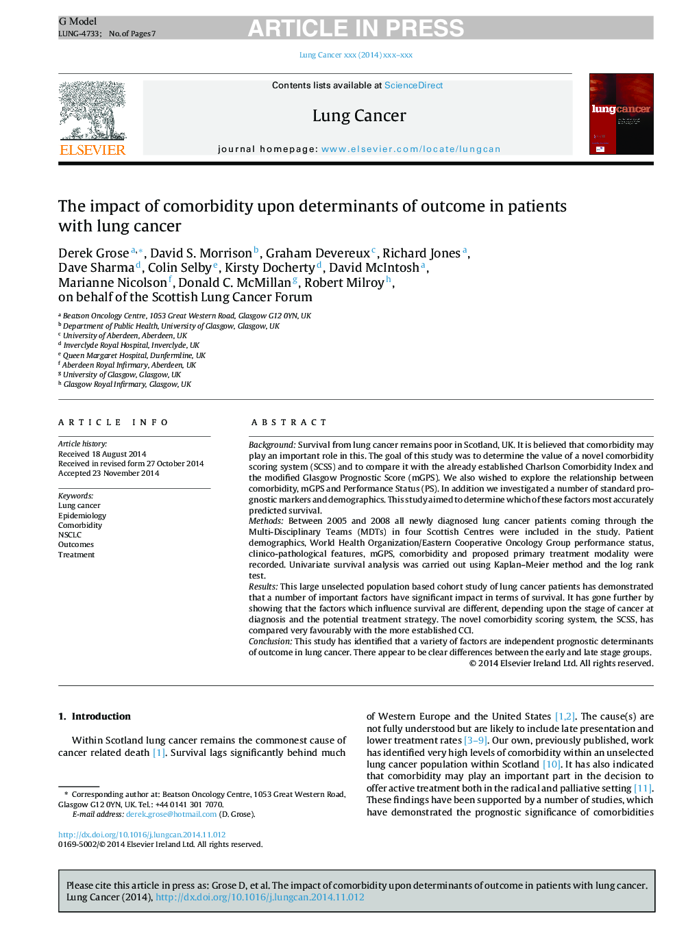 The impact of comorbidity upon determinants of outcome in patients with lung cancer