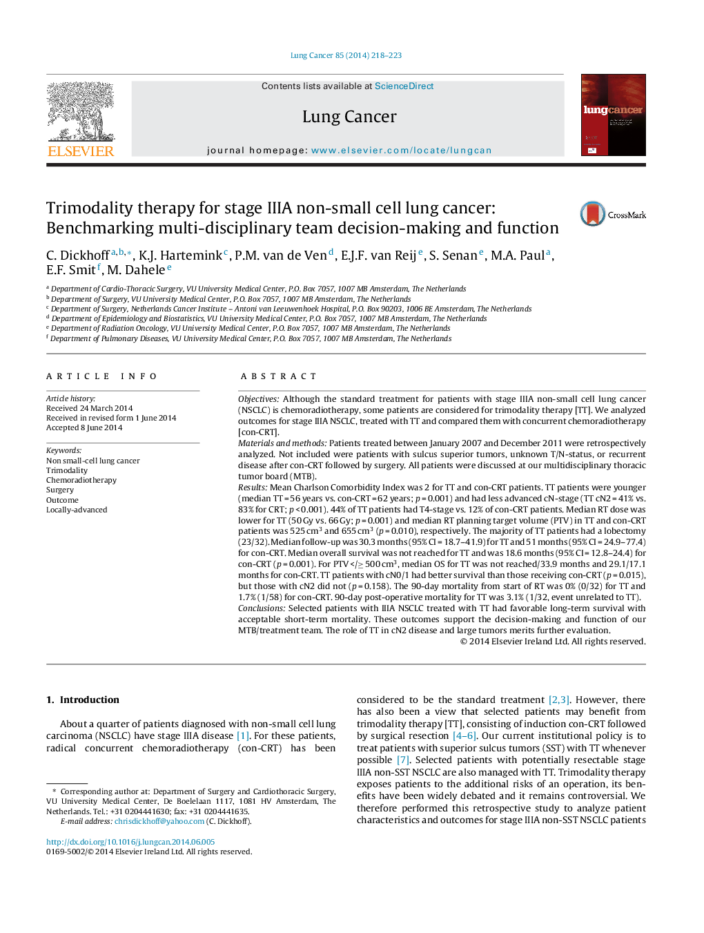 Trimodality therapy for stage IIIA non-small cell lung cancer: Benchmarking multi-disciplinary team decision-making and function