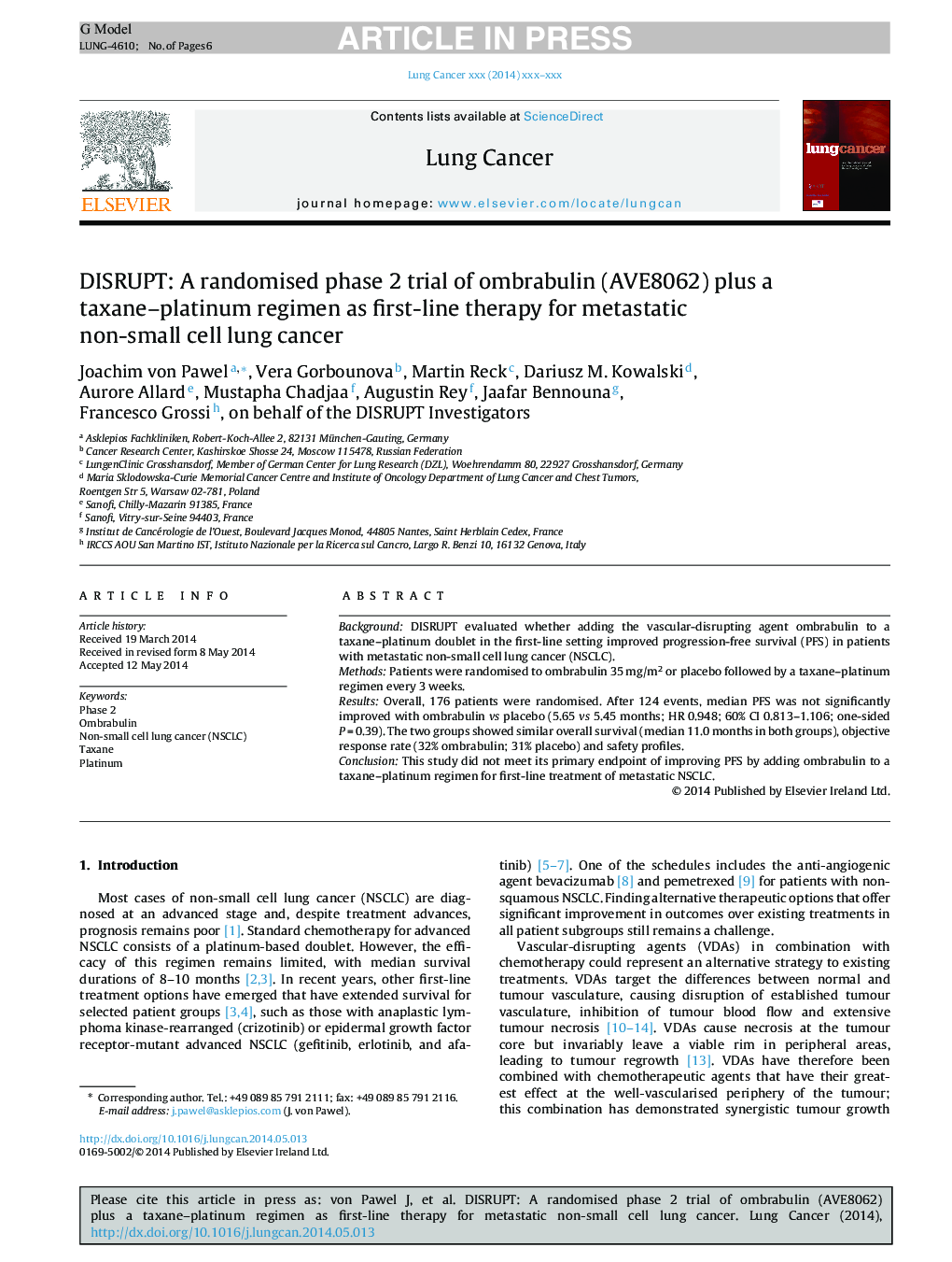 DISRUPT: A randomised phase 2 trial of ombrabulin (AVE8062) plus a taxane-platinum regimen as first-line therapy for metastatic non-small cell lung cancer