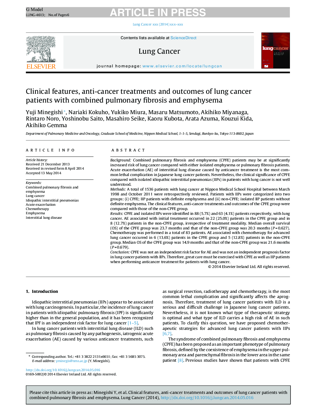 Clinical features, anti-cancer treatments and outcomes of lung cancer patients with combined pulmonary fibrosis and emphysema