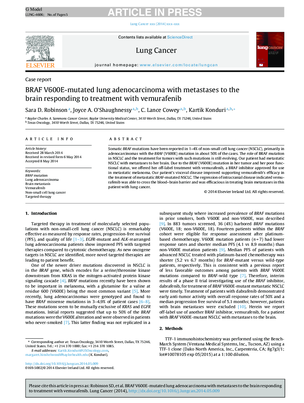 عکس صفحه اول مقاله: BRAF V600E-mutated lung adenocarcinoma with metastases to the brain responding to treatment with vemurafenib BRAF V600E-mutated lung adenocarcinoma with metastases to the brain responding to treatment with vemurafenib