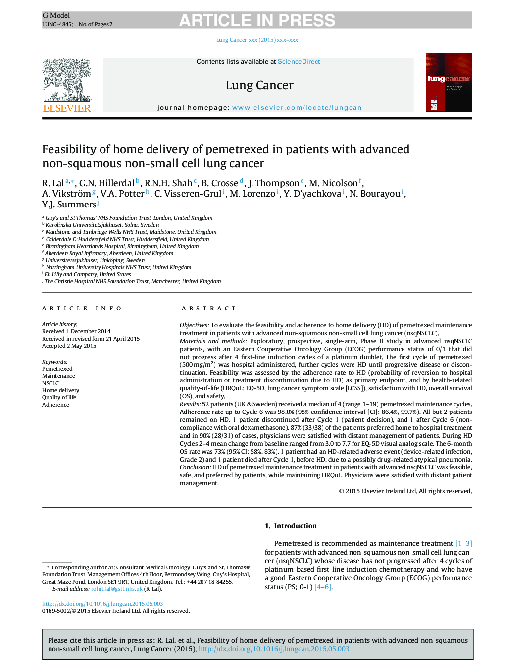 Feasibility of home delivery of pemetrexed in patients with advanced non-squamous non-small cell lung cancer