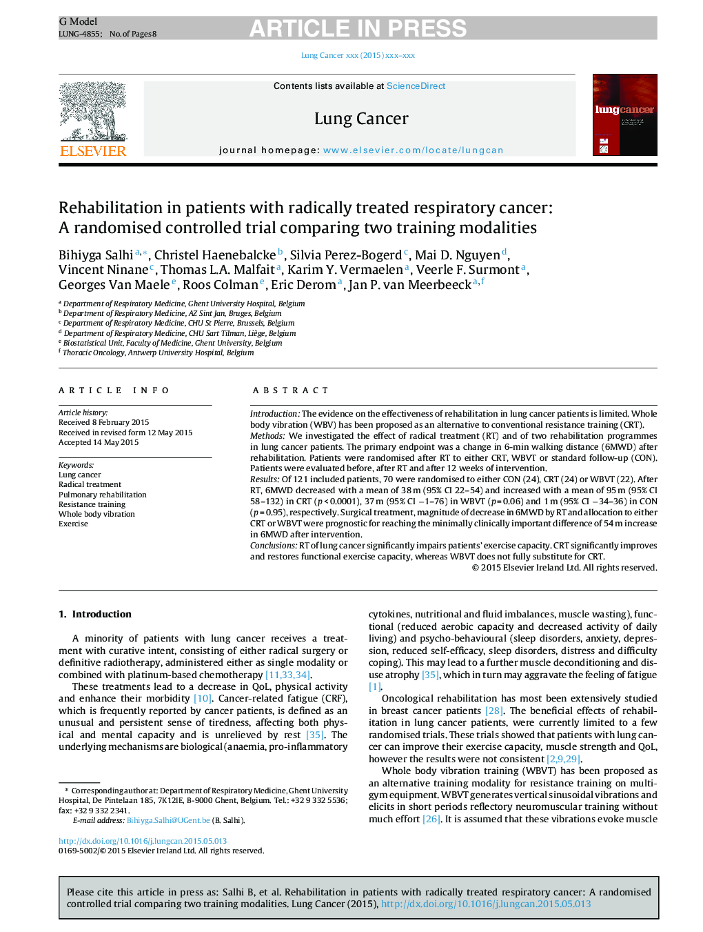 Rehabilitation in patients with radically treated respiratory cancer: A randomised controlled trial comparing two training modalities