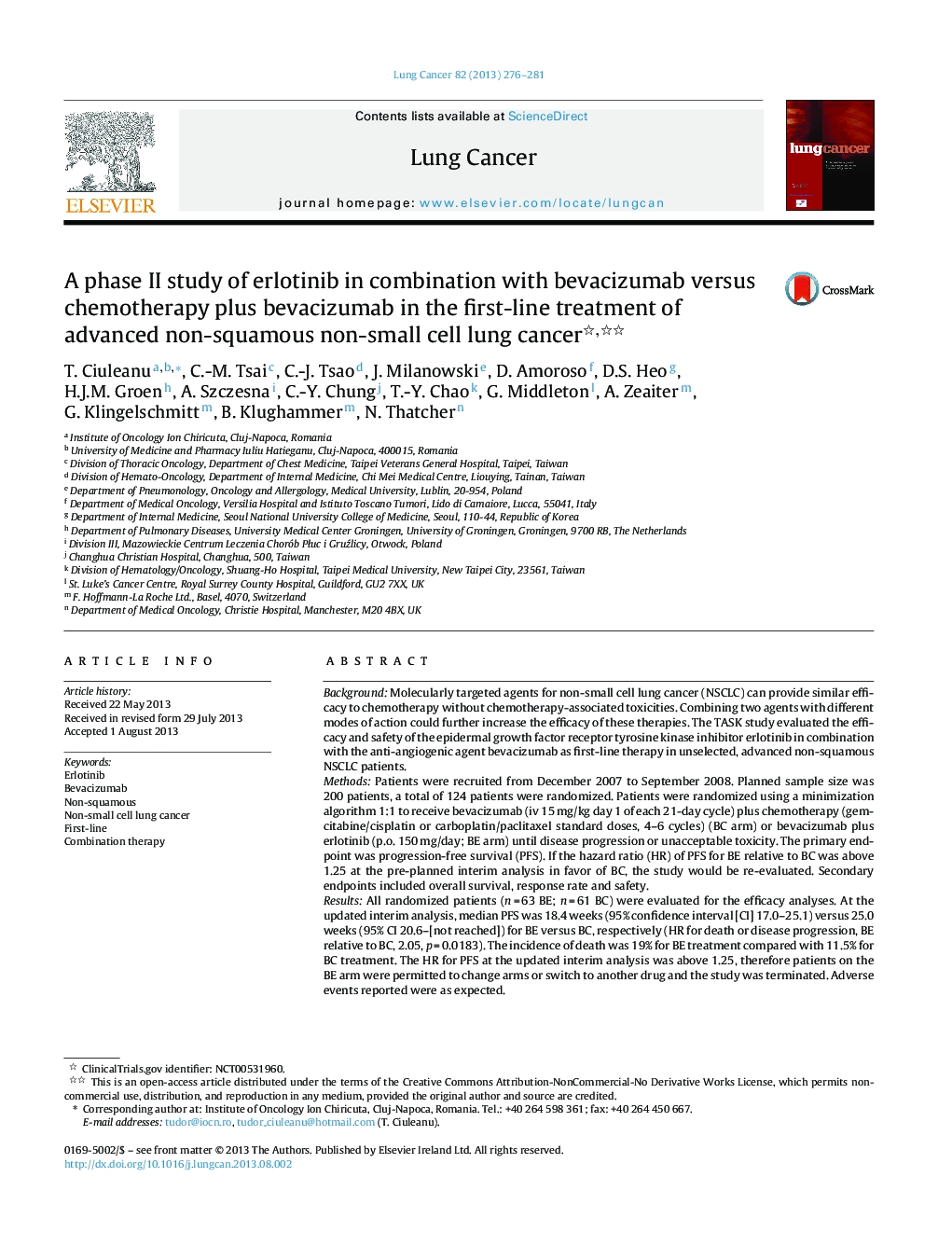 A phase II study of erlotinib in combination with bevacizumab versus chemotherapy plus bevacizumab in the first-line treatment of advanced non-squamous non-small cell lung cancer