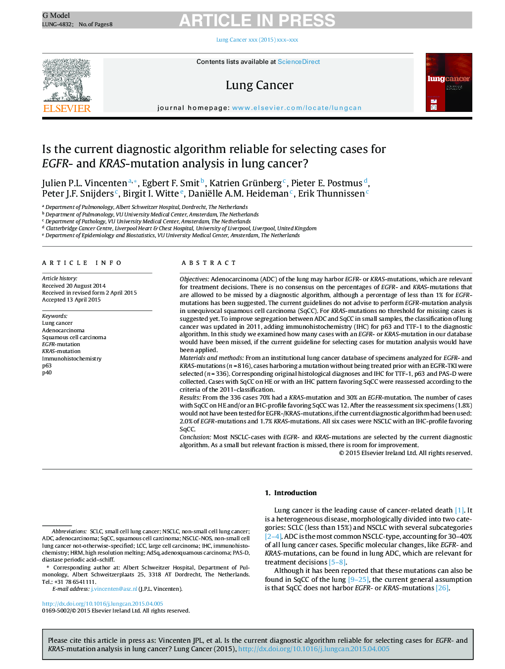 Is the current diagnostic algorithm reliable for selecting cases for EGFR- and KRAS-mutation analysis in lung cancer?