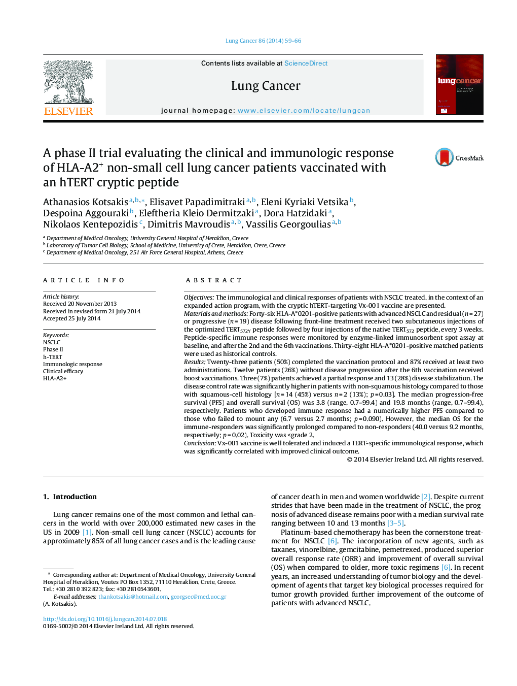 A phase II trial evaluating the clinical and immunologic response of HLA-A2+ non-small cell lung cancer patients vaccinated with an hTERT cryptic peptide