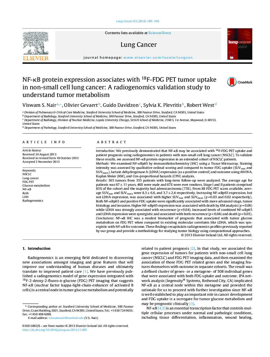 NF-ÎºB protein expression associates with 18F-FDG PET tumor uptake in non-small cell lung cancer: A radiogenomics validation study to understand tumor metabolism