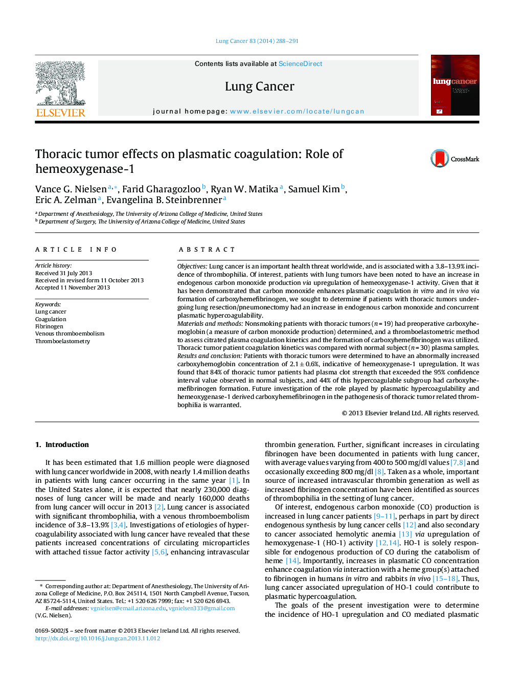 Thoracic tumor effects on plasmatic coagulation: Role of hemeoxygenase-1