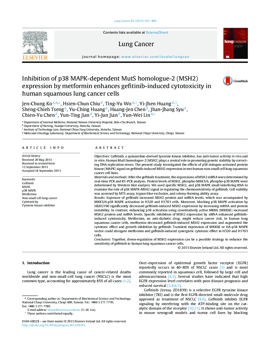 Inhibition of p38 MAPK-dependent MutS homologue-2 (MSH2) expression by metformin enhances gefitinib-induced cytotoxicity in human squamous lung cancer cells