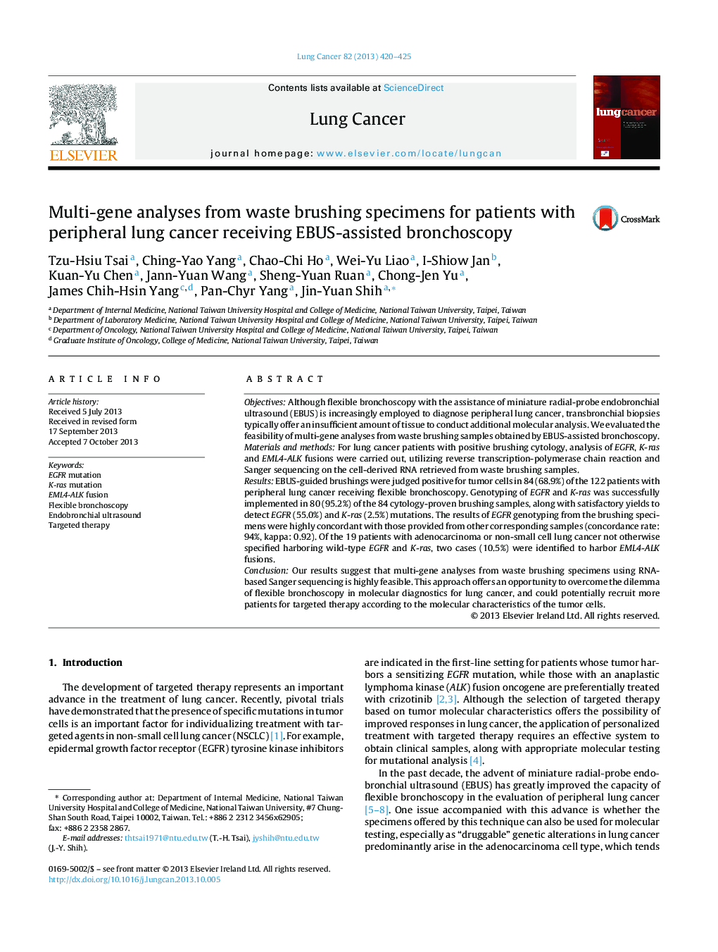 Multi-gene analyses from waste brushing specimens for patients with peripheral lung cancer receiving EBUS-assisted bronchoscopy