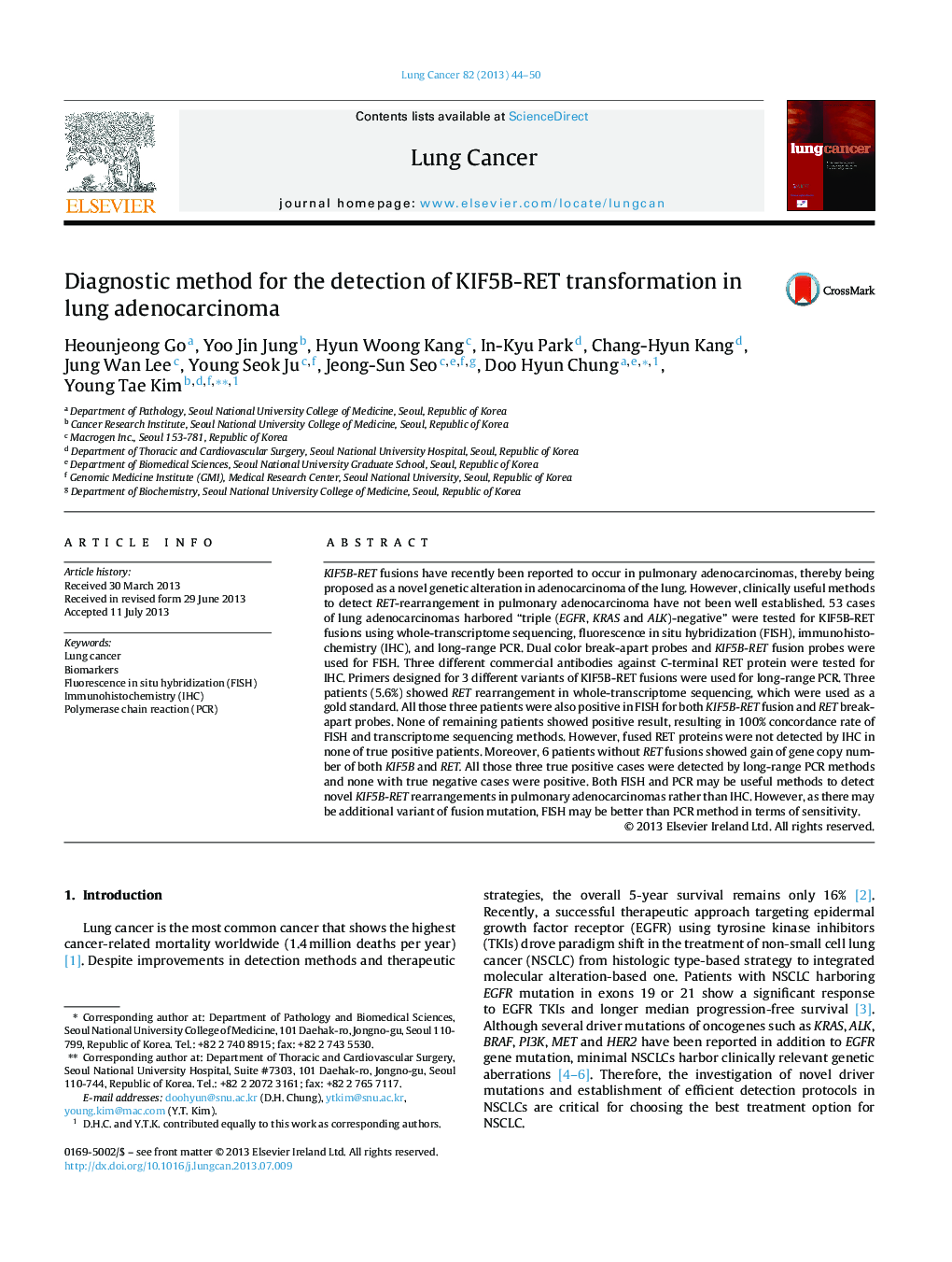 Diagnostic method for the detection of KIF5B-RET transformation in lung adenocarcinoma