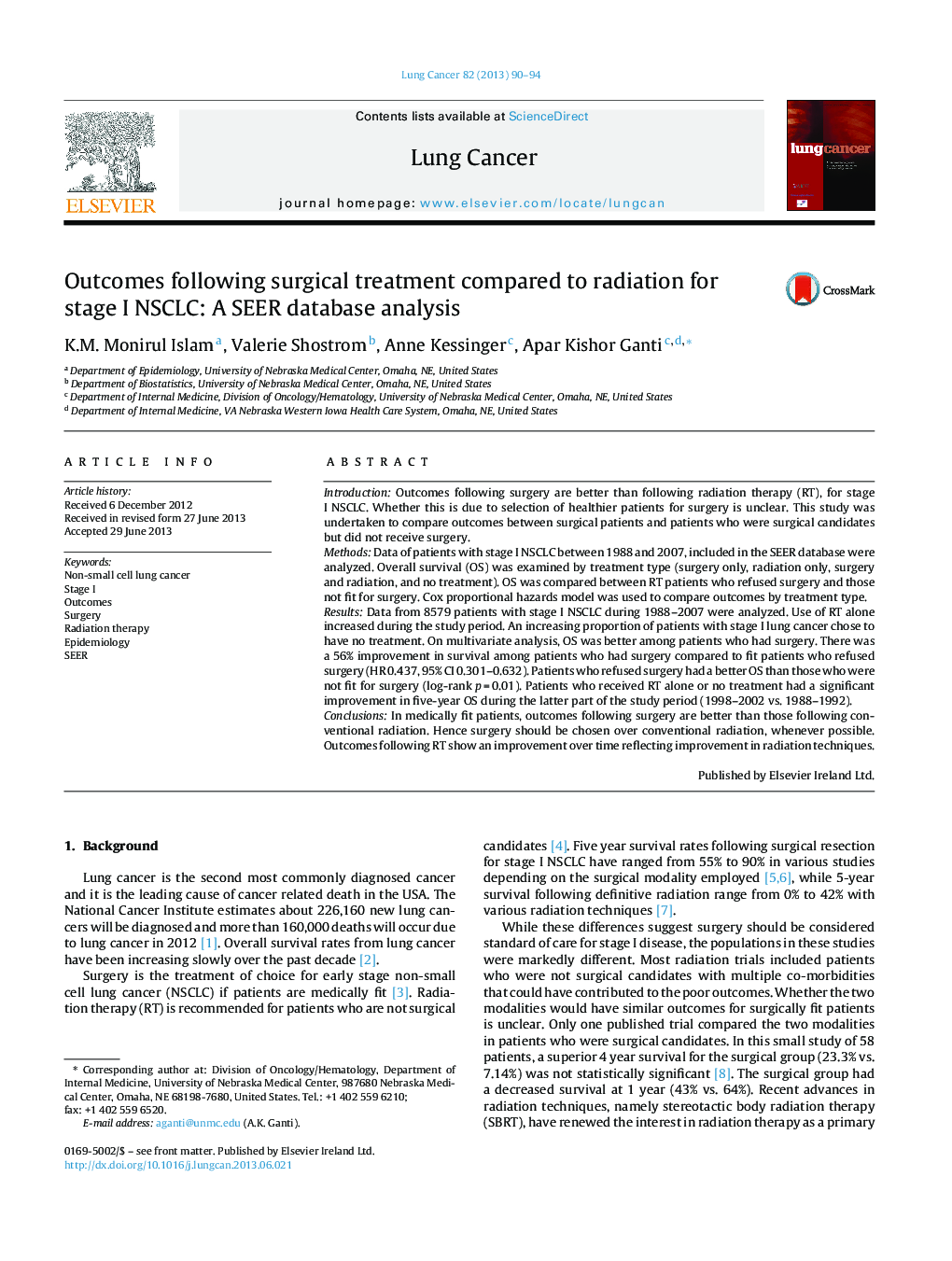 Outcomes following surgical treatment compared to radiation for stage I NSCLC: A SEER database analysis