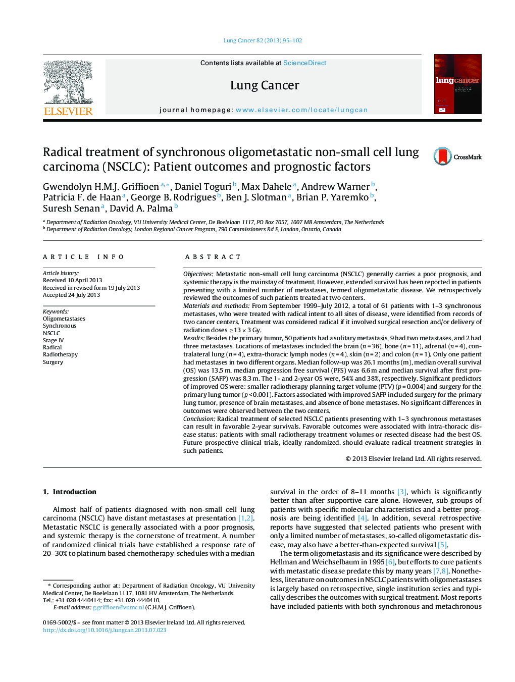 Radical treatment of synchronous oligometastatic non-small cell lung carcinoma (NSCLC): Patient outcomes and prognostic factors