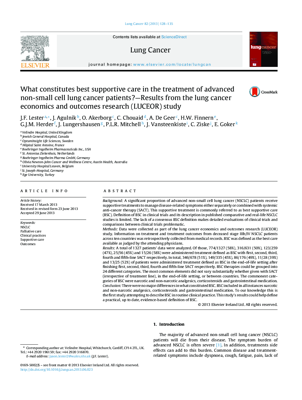 What constitutes best supportive care in the treatment of advanced non-small cell lung cancer patients?-Results from the lung cancer economics and outcomes research (LUCEOR) study