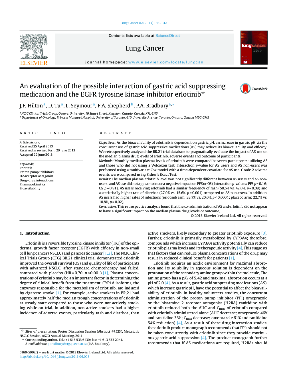 An evaluation of the possible interaction of gastric acid suppressing medication and the EGFR tyrosine kinase inhibitor erlotinib