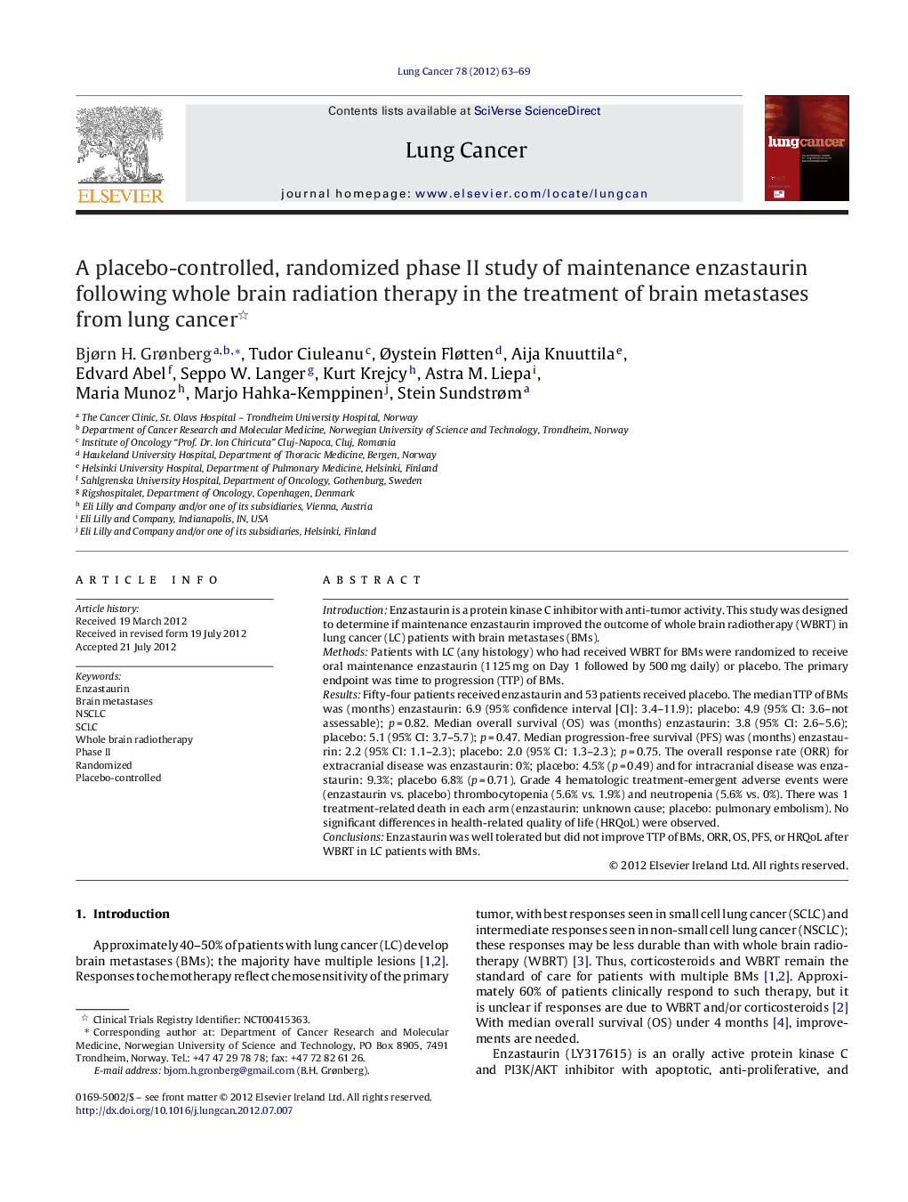 A placebo-controlled, randomized phase II study of maintenance enzastaurin following whole brain radiation therapy in the treatment of brain metastases from lung cancer