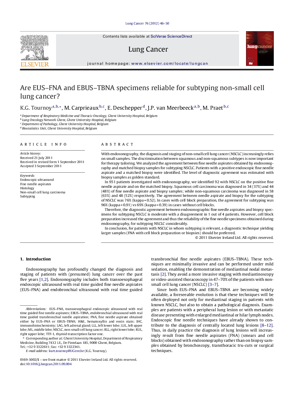 Are EUS-FNA and EBUS-TBNA specimens reliable for subtyping non-small cell lung cancer?