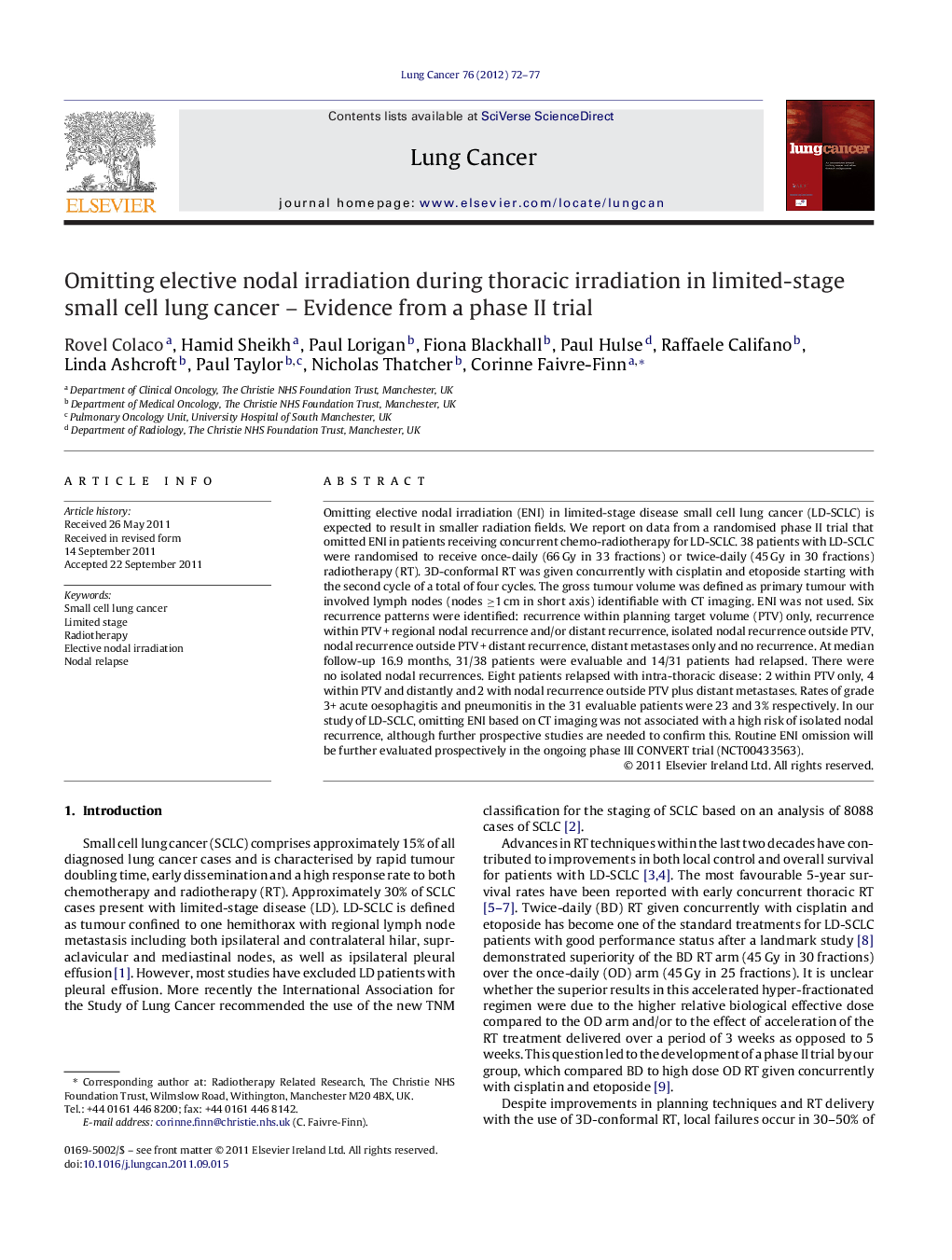 Omitting elective nodal irradiation during thoracic irradiation in limited-stage small cell lung cancer - Evidence from a phase II trial