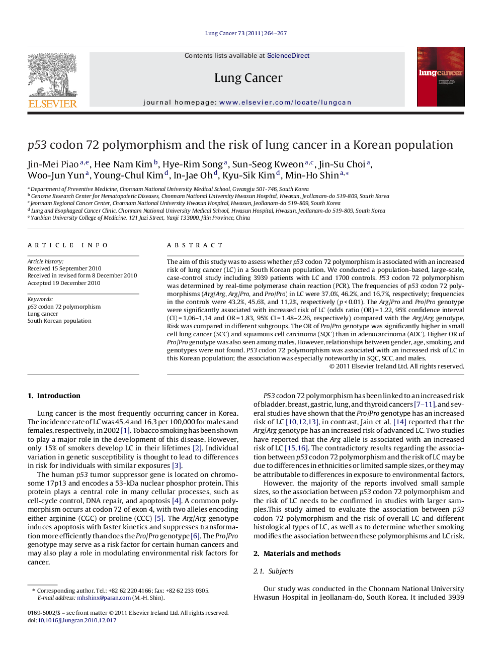p53 codon 72 polymorphism and the risk of lung cancer in a Korean population