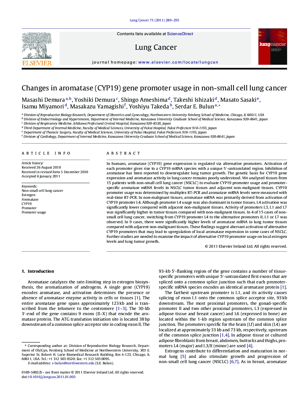 Changes in aromatase (CYP19) gene promoter usage in non-small cell lung cancer