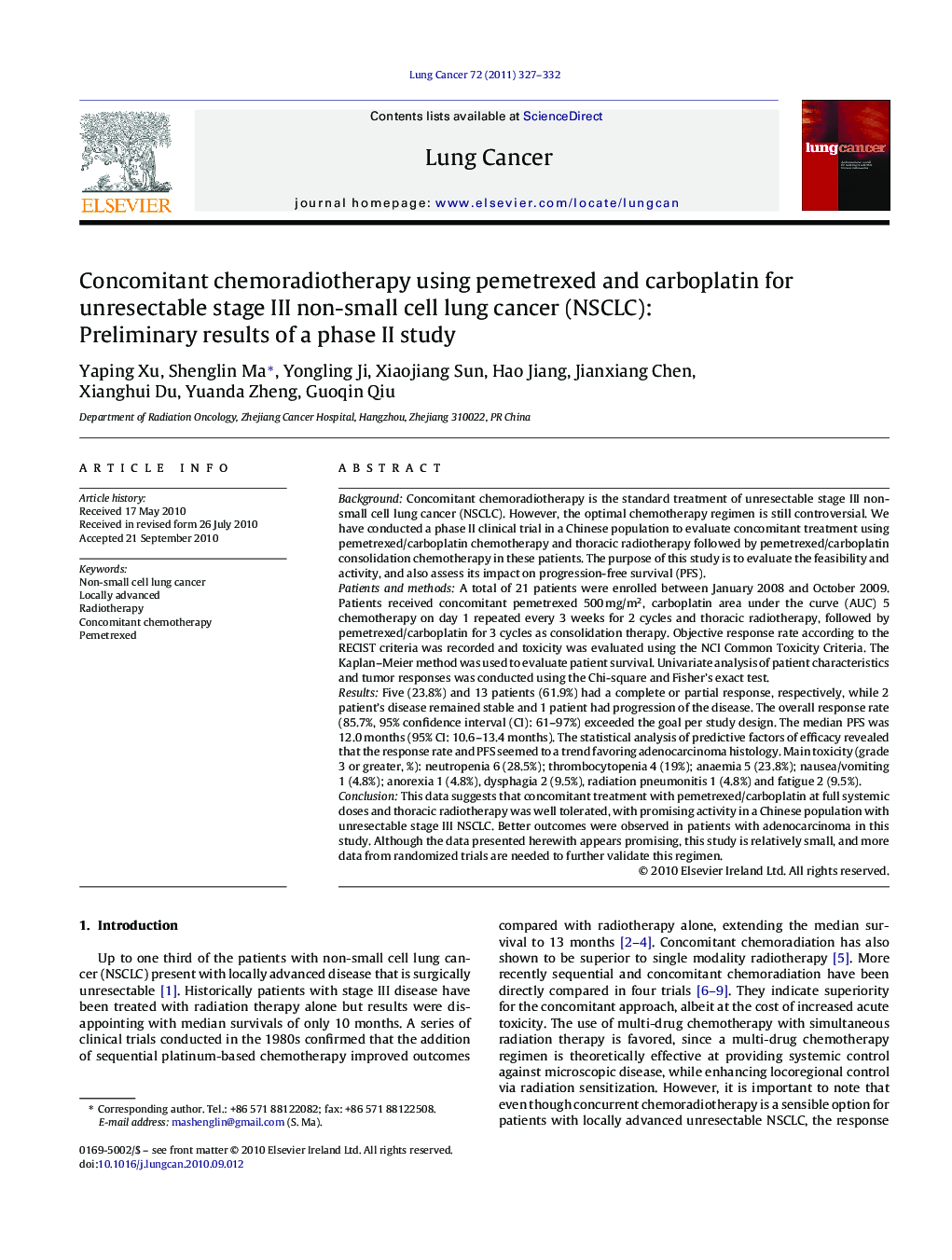 Concomitant chemoradiotherapy using pemetrexed and carboplatin for unresectable stage III non-small cell lung cancer (NSCLC): Preliminary results of a phase II study