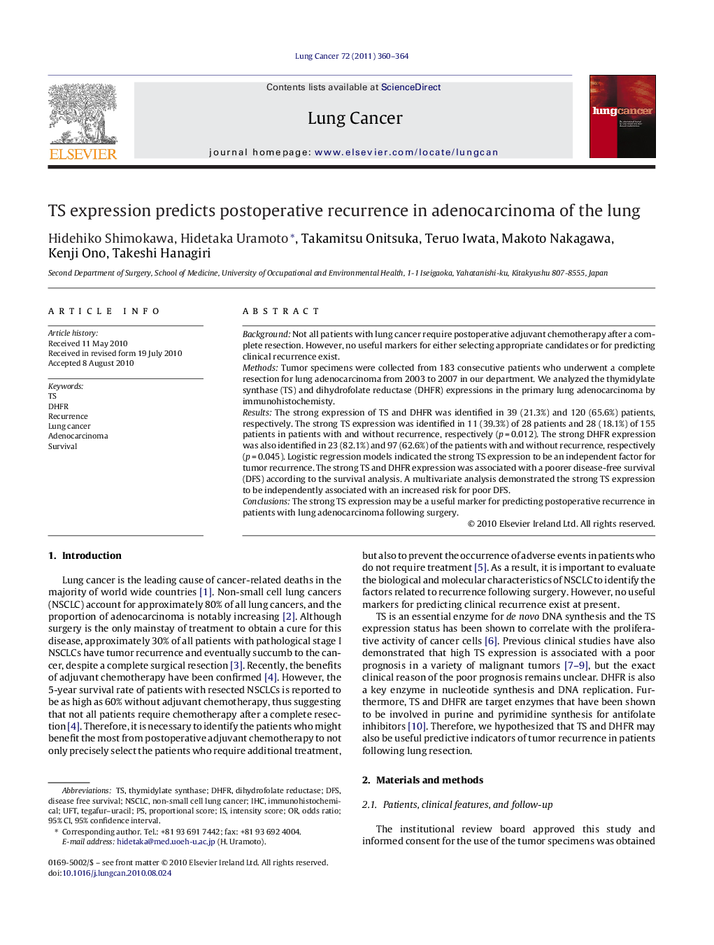 TS expression predicts postoperative recurrence in adenocarcinoma of the lung