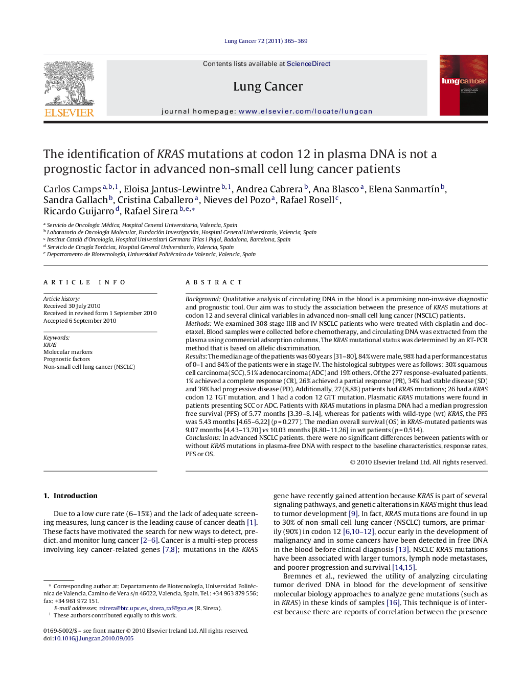 The identification of KRAS mutations at codon 12 in plasma DNA is not a prognostic factor in advanced non-small cell lung cancer patients