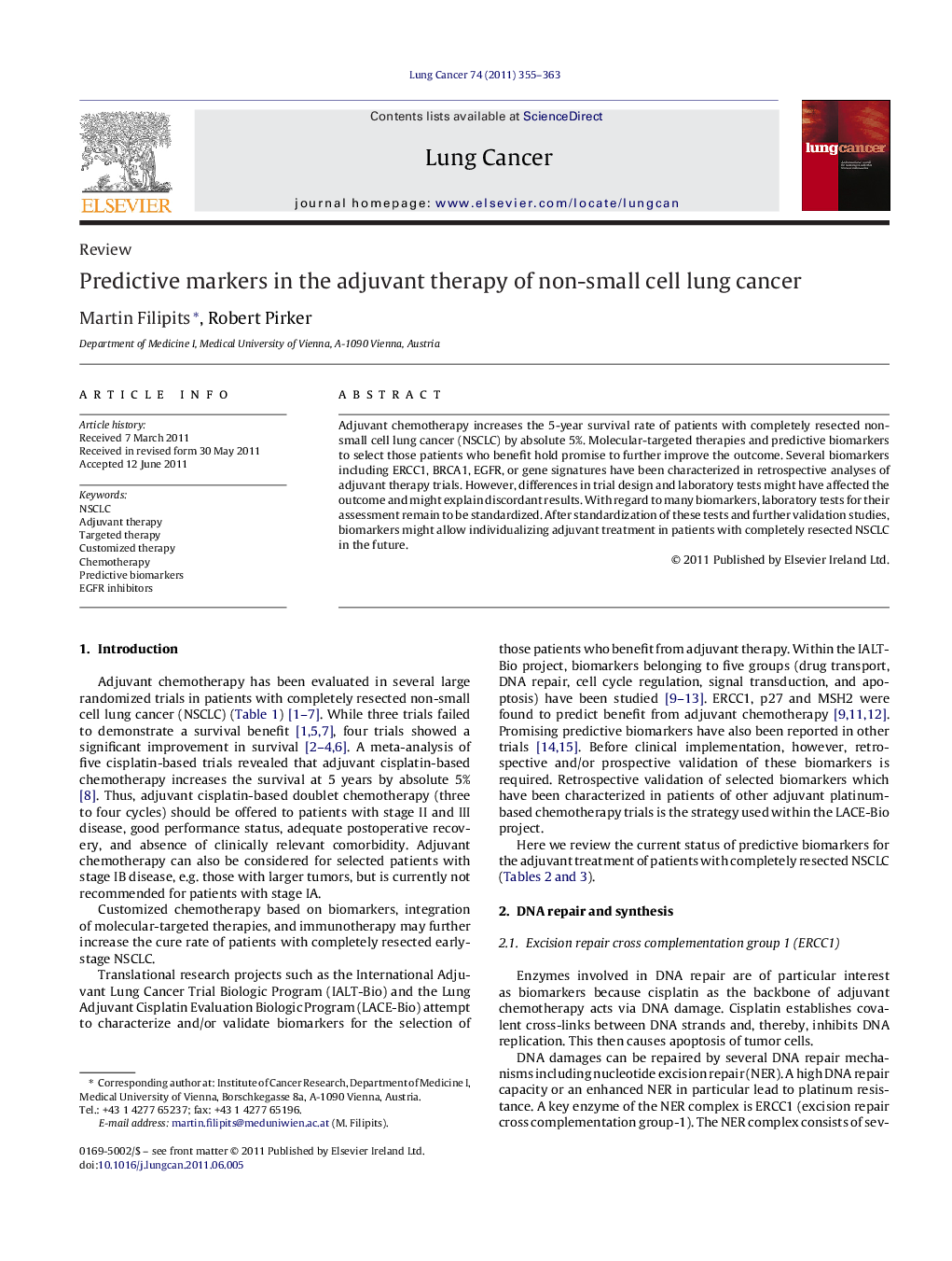 Predictive markers in the adjuvant therapy of non-small cell lung cancer