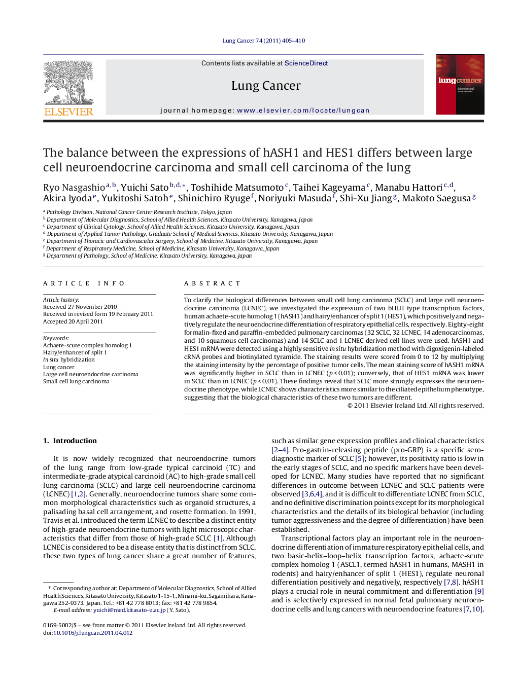 The balance between the expressions of hASH1 and HES1 differs between large cell neuroendocrine carcinoma and small cell carcinoma of the lung