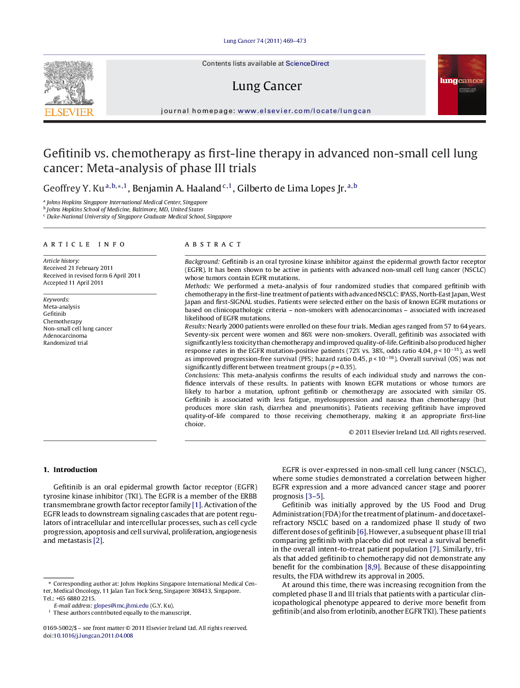 Gefitinib vs. chemotherapy as first-line therapy in advanced non-small cell lung cancer: Meta-analysis of phase III trials