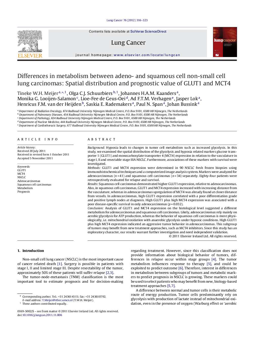 Differences in metabolism between adeno- and squamous cell non-small cell lung carcinomas: Spatial distribution and prognostic value of GLUT1 and MCT4