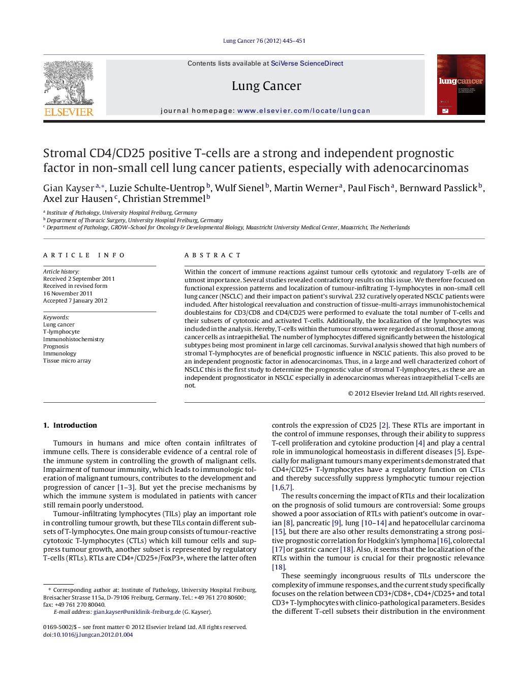 Stromal CD4/CD25 positive T-cells are a strong and independent prognostic factor in non-small cell lung cancer patients, especially with adenocarcinomas