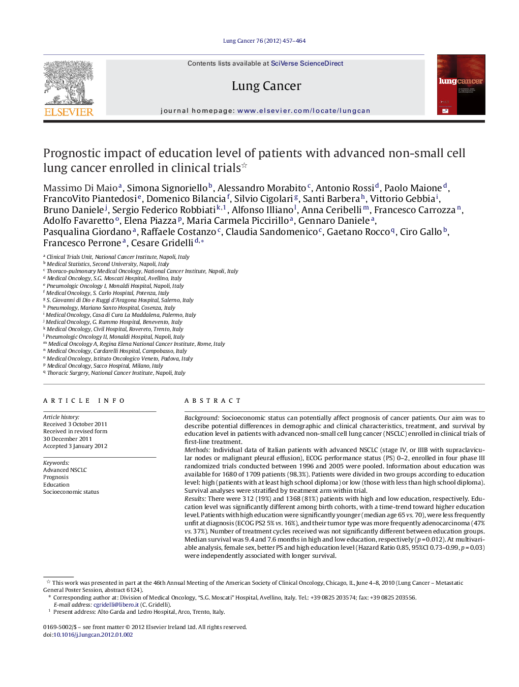 Prognostic impact of education level of patients with advanced non-small cell lung cancer enrolled in clinical trials