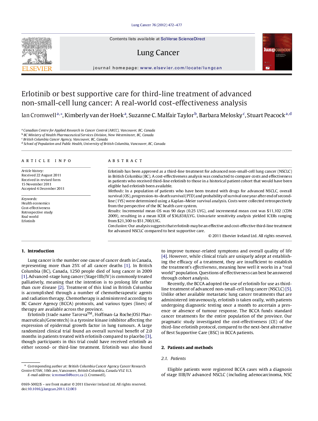 Erlotinib or best supportive care for third-line treatment of advanced non-small-cell lung cancer: A real-world cost-effectiveness analysis