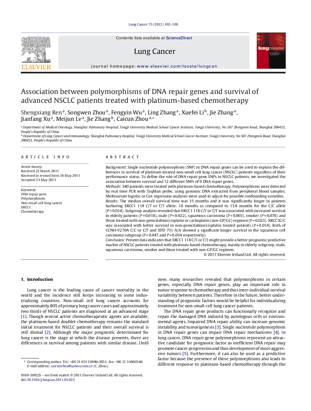 Association between polymorphisms of DNA repair genes and survival of advanced NSCLC patients treated with platinum-based chemotherapy