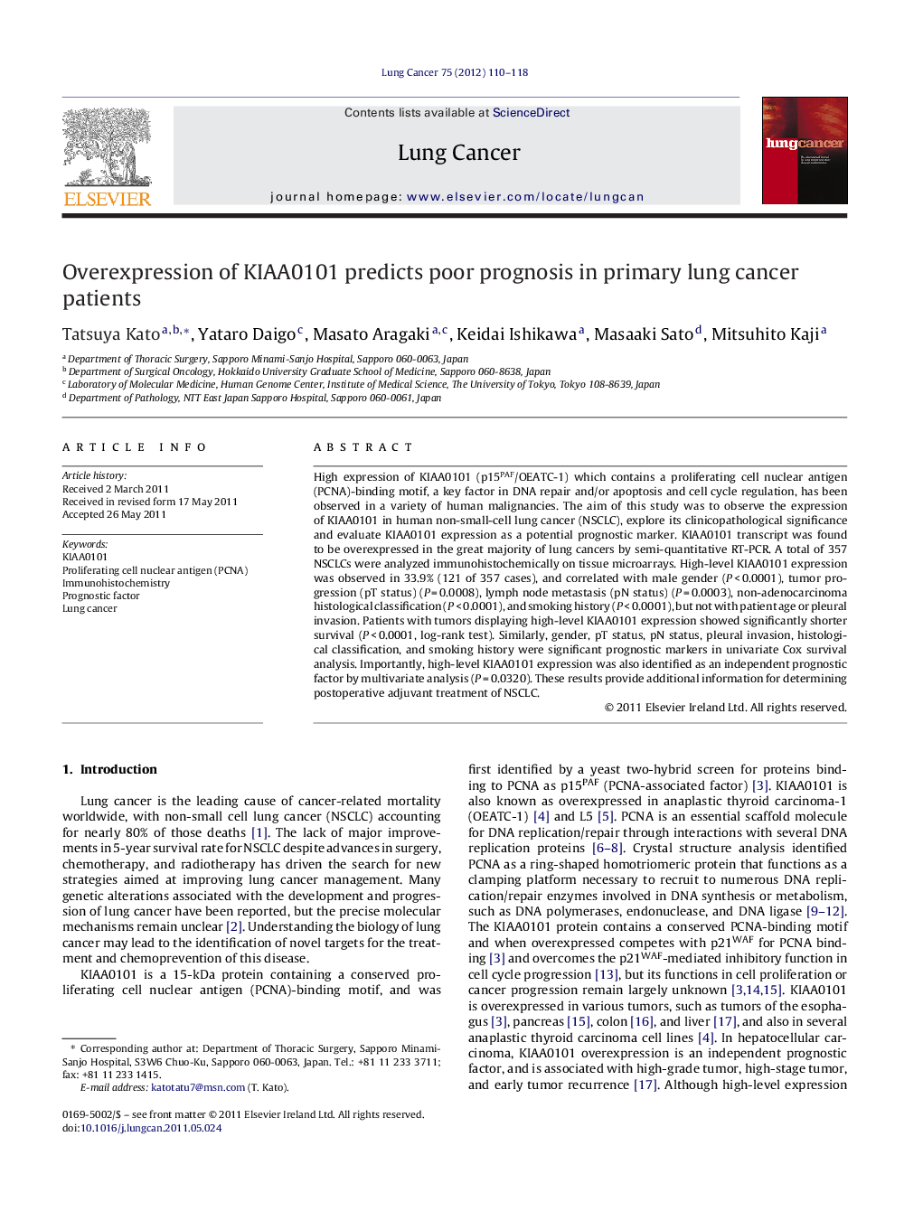 Overexpression of KIAA0101 predicts poor prognosis in primary lung cancer patients