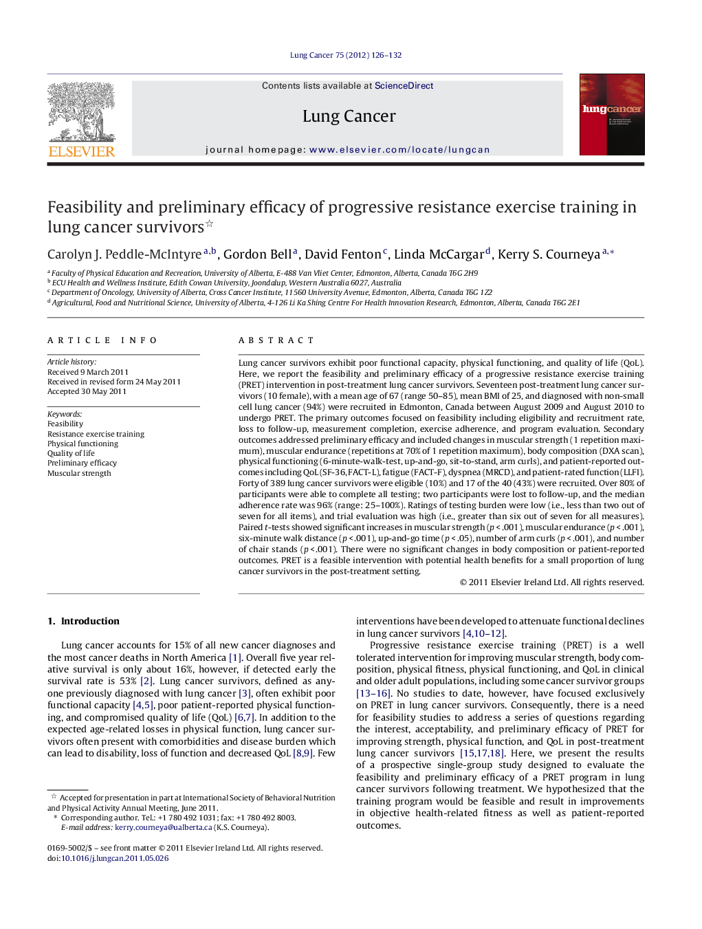 Feasibility and preliminary efficacy of progressive resistance exercise training in lung cancer survivors