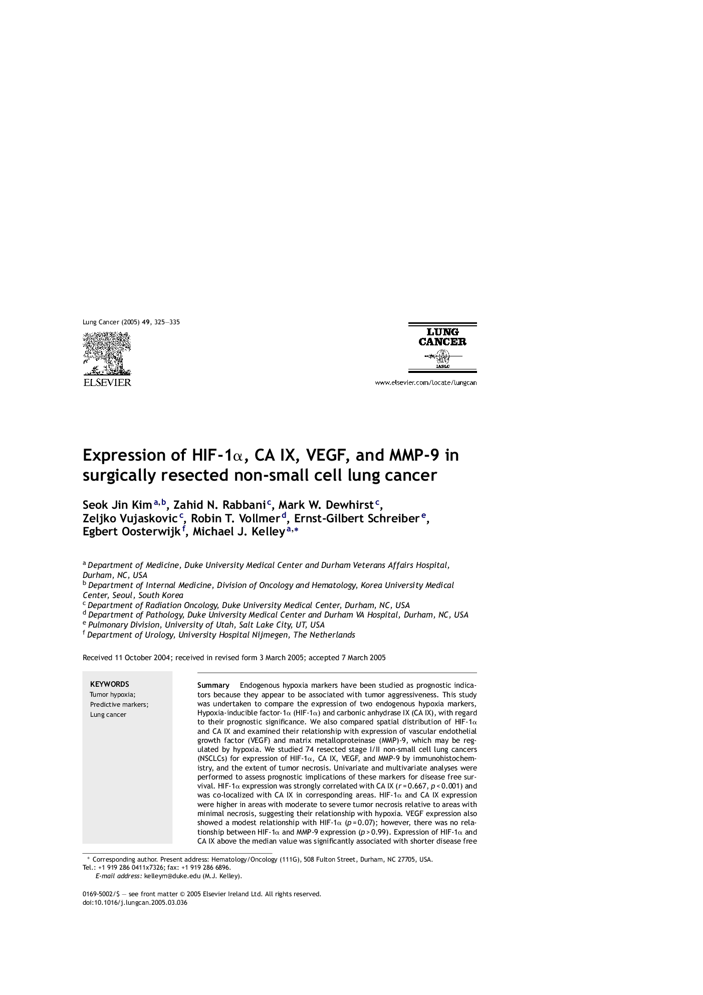 Expression of HIF-1Î±, CA IX, VEGF, and MMP-9 in surgically resected non-small cell lung cancer