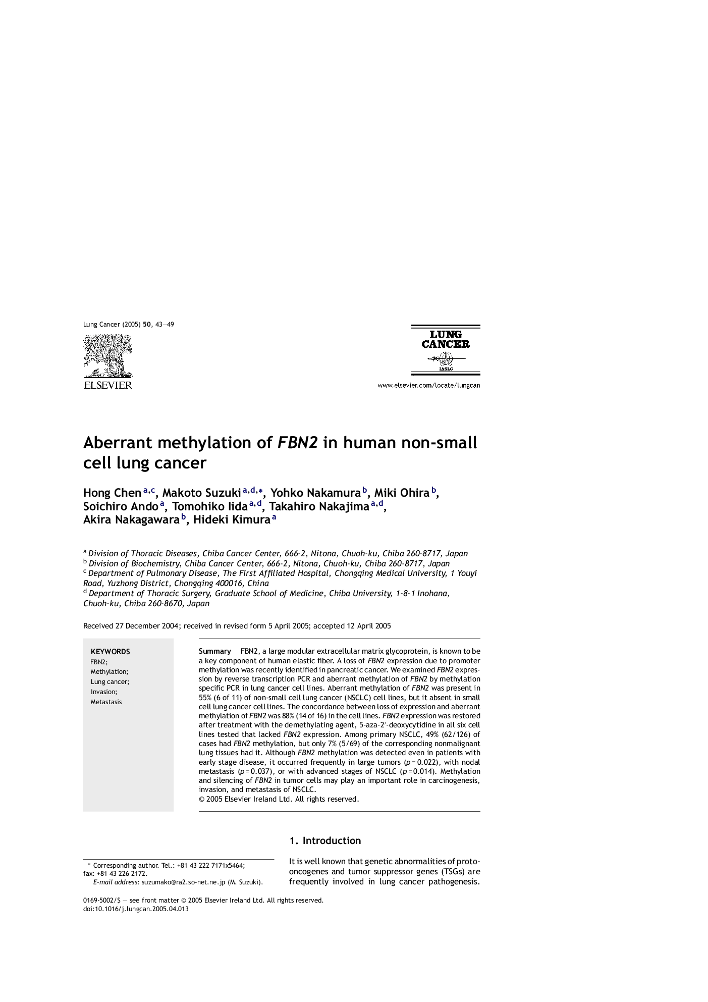 Aberrant methylation of FBN2 in human non-small cell lung cancer