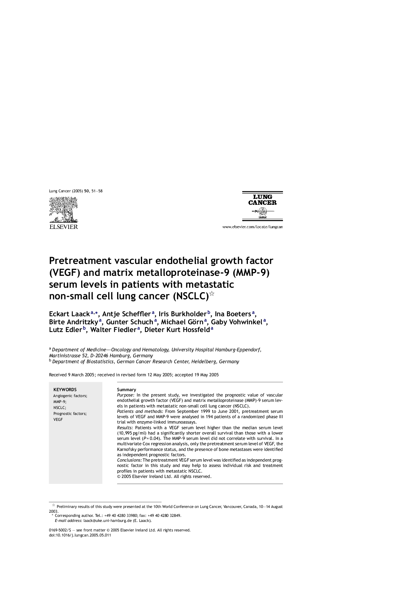 Pretreatment vascular endothelial growth factor (VEGF) and matrix metalloproteinase-9 (MMP-9) serum levels in patients with metastatic non-small cell lung cancer (NSCLC)