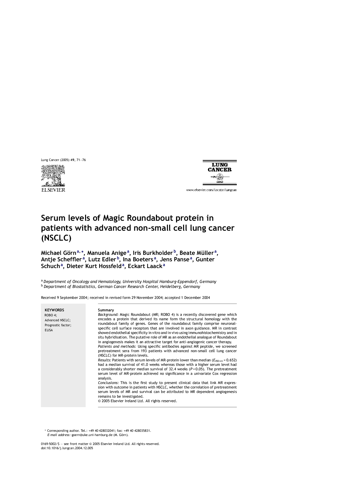 Serum levels of Magic Roundabout protein in patients with advanced non-small cell lung cancer (NSCLC)